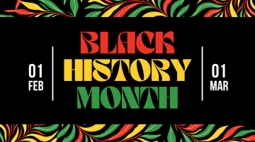 Pictured: Graphic featuring red, green, and yellow leaves with the words "Black History Month"