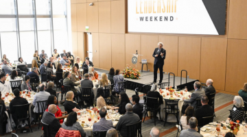 Pictured: An overhead view of a special session held at Vanderbilt Business during the 2025 Volunteer Leadership Weekend.