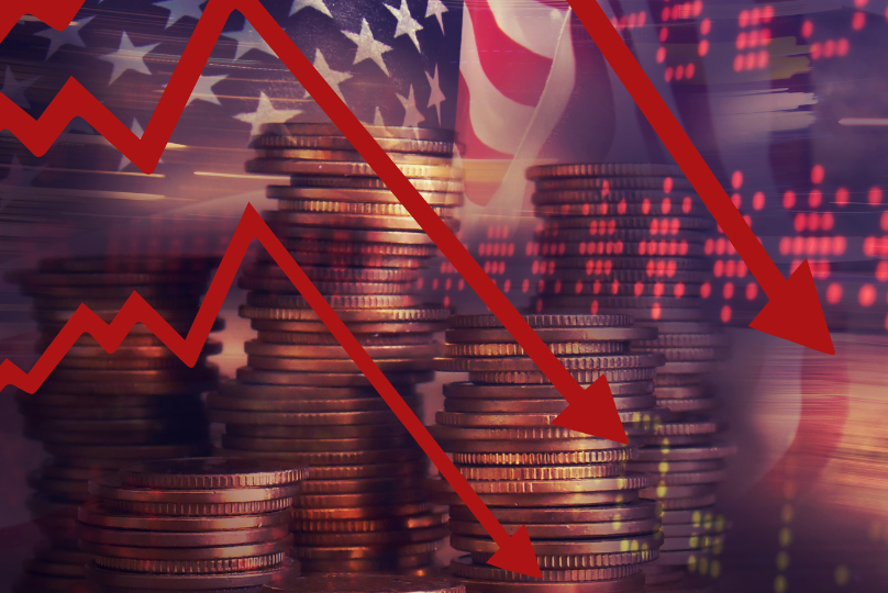 Pictured: An image with an overlay of several different photos gathered together. The image shows stock market predictions, an American flag, American coins, and the market boards.