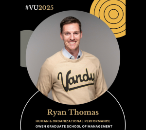 Pictured: Ryan Thomas in a Vandy sweatshirt smiling to represent his time with Vanderbilt Business.