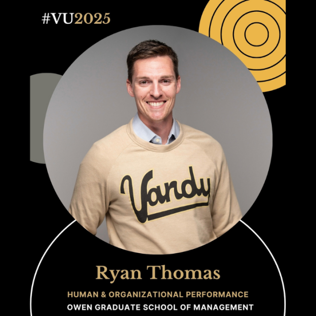 Pictured: Ryan Thomas in a Vandy sweatshirt smiling to represent his time with Vanderbilt Business.
