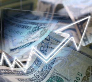Pictured: an image features cash with a modern edit and graph overlay to represent investments.