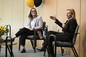 Pictured: Vanderbilt Business Professor Kelly Goldsmith (left) and Joanne Crevoiserat (right) at a Distinguished Speaker Series event.