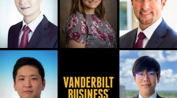 Pictured: The five new academic professionals joining the Vanderbilt Business Faculty are shown in a collage around the Vanderbilt Business gold logo.