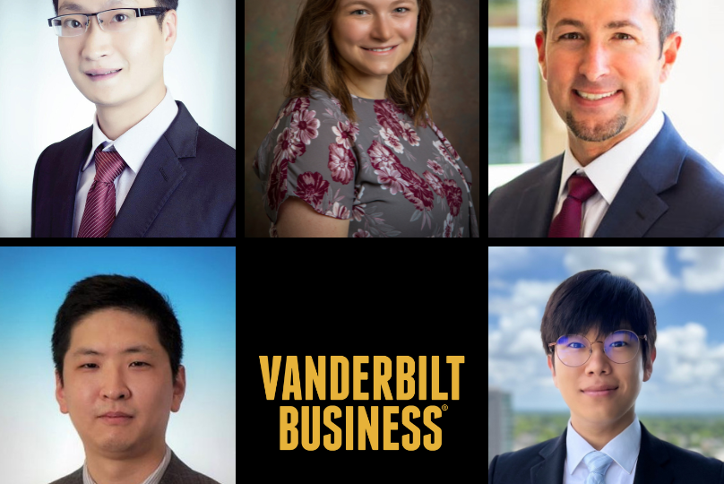 Pictured: The five new academic professionals joining the Vanderbilt Business Faculty are shown in a collage around the Vanderbilt Business gold logo.