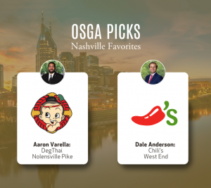 Pictured: A graphic with "OSGA Picks, Nashville Favorites" at the top. Two cards show the logos of the choices for favorite places to eat from Varella and Anderson, Vanderbilt Business OSGA leaders. 