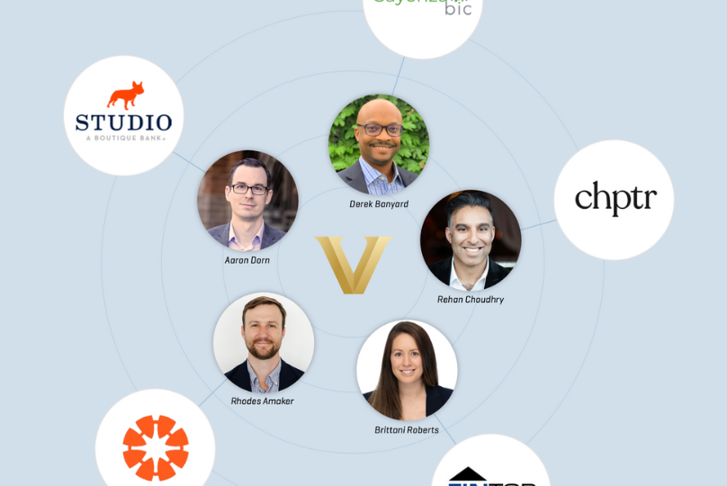 Pictured: Vanderbilt Business alumni entrepreneurs, Rhodes Amaker, Aaron Dorn, Derek Banyard, Rehan Choudhry, and Brittani Roberts, are pictured with the logos of their respective companies. These alumni spoke on raising capital and the power of community.