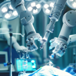 Advanced surgical robots equipped with precision tools perform a complex medical procedure in a high-tech operating room, demonstrating the integration of robotics in healthcare.