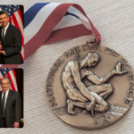 Photos of National Medal of Science award winner superimposed on a photo of the medal itself