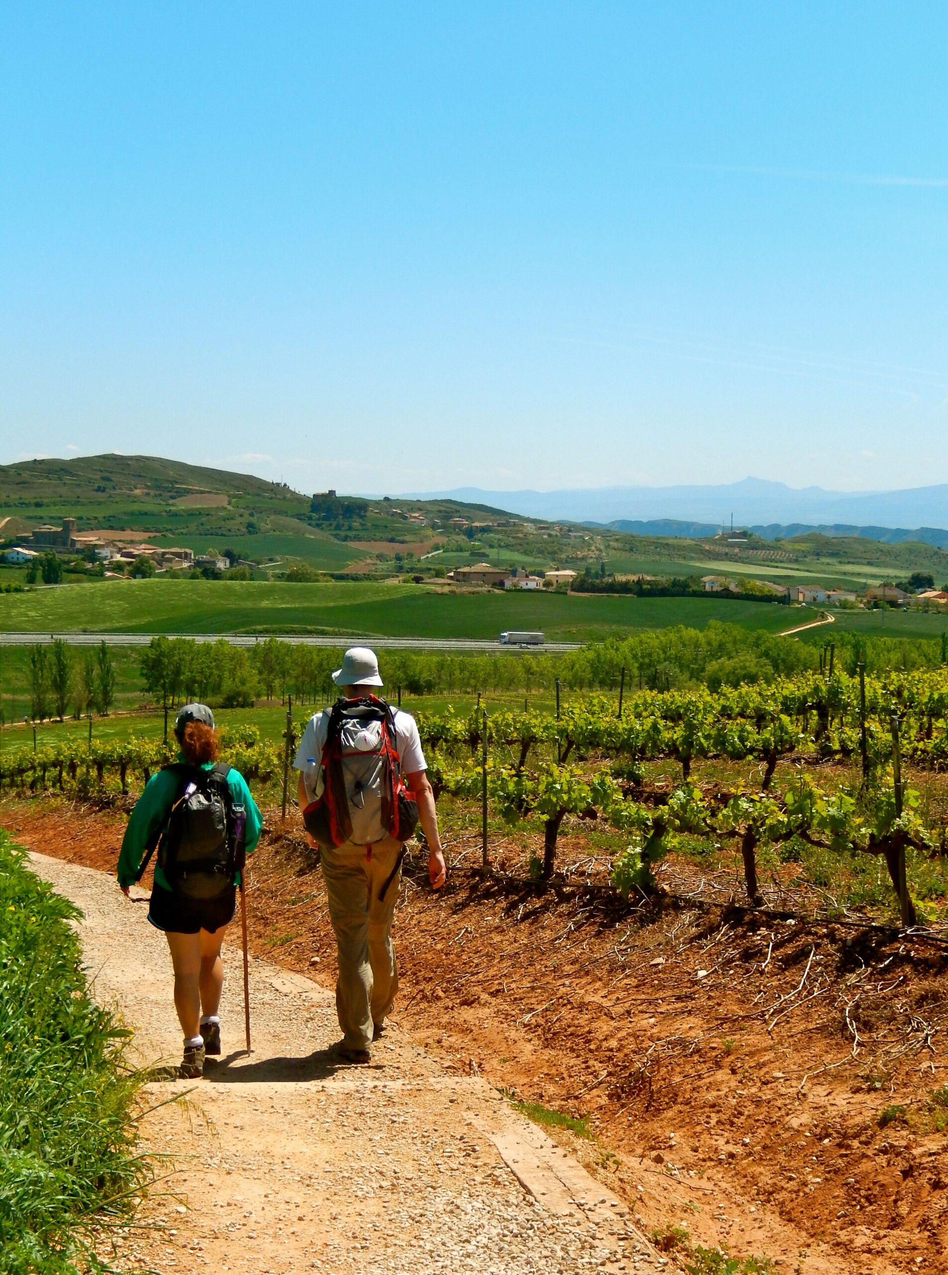 Two people backpacking down a dirt trail next to grapevines.