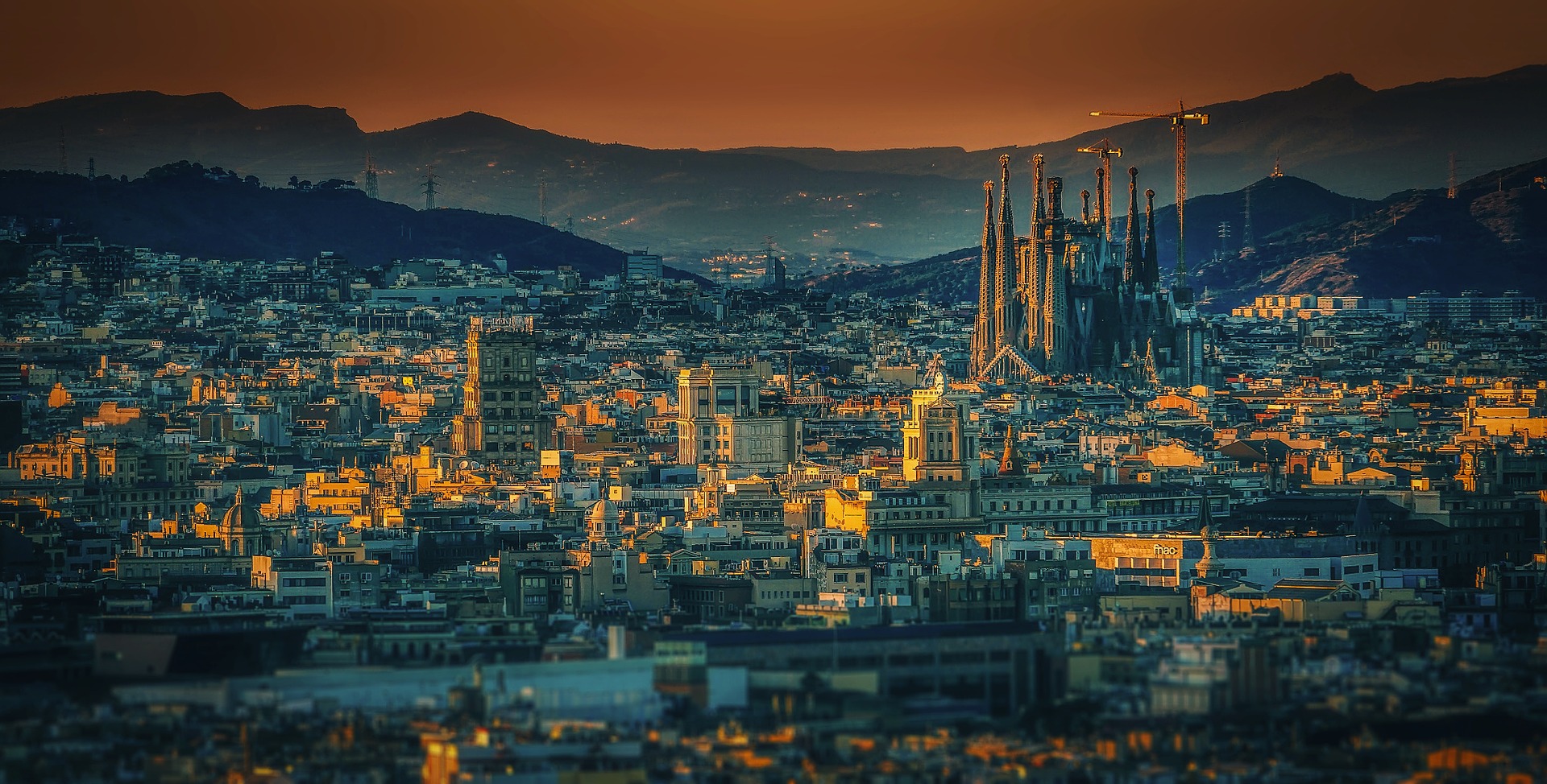 An aerial view of Barcelona at sunset.