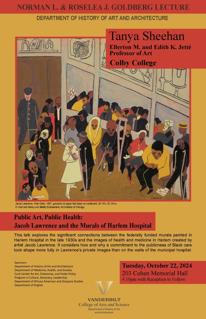 Poster for Goldberg Lecture, Public Art, Public Health. Poster is yellow and red with image of Jacob Lawrence's painting Free Clinic