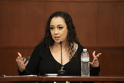 Cyntoia Brown-Long discusses her case at an event in Flynn Auditorium at Vanderbilt Law School.