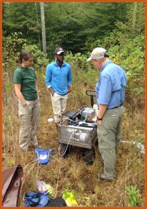 Candid shot taken of us (right to left: Julie McKnight (UT), me, and Prof. Ayers) discussing our next move while observing the data from an ongoing measurement.  Each measurement takes at least 40 minutes, excluding set up and break down time. (Photo Credit: Marie English (UT))