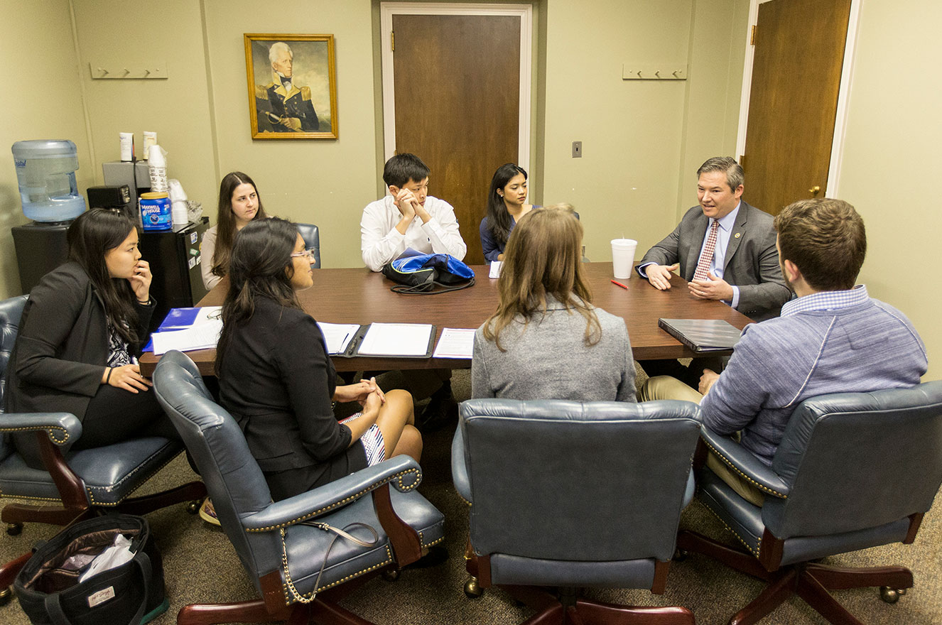 Sen. Jeff Yarbro (far right) met with three small groups of students during “The Nation’s Health” University Course’s day on the hill project.