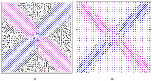 Comparison between Traditional DTI and CFARI at SNR of 25:1 and b-value of 1000 s/mm2. (a) Traditional DTI, where fibers having FA<=0.25 are considered to be isotropic component (shown in black). (b) CFARI can resolve multiple crossing fibers.