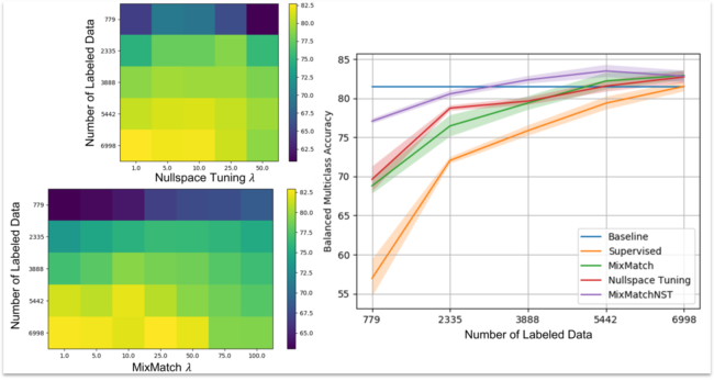 For experiment 1 using HAM10000, the mean balanced multiclass accuracy across five folds is shown for the hyperparameter search for MixMatch (bottom left) and Nullspace Tuning (top left). The highest performing hyperparameter is used in reporting the final performance (right) where the baseline is the balanced multiclass accuracy reported by the ISIC 2018 challenge for the Li method. The shaded region represents the standard error of the mean. 