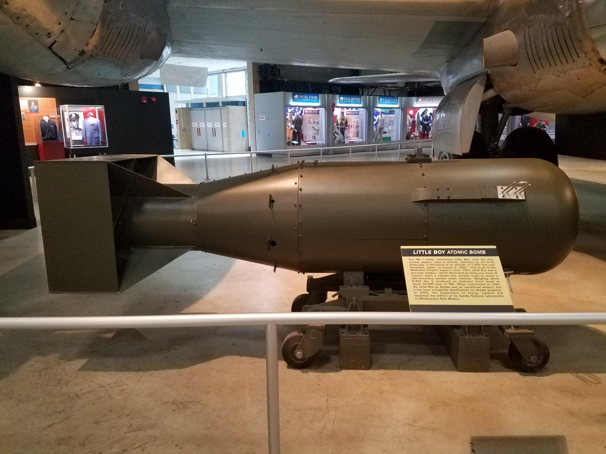 A replica of the atomic bomb Little Boy that was dropped on Hiroshima, Japan. This was the first nuclear weapon ever used in war.