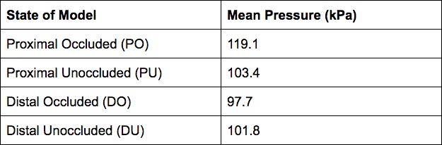 Table 1: Absolute pressure at each of arterial points in occluded vs unoccluded states (constant semi-pulsatile flow, no added ICP).