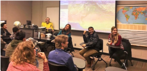 Marcela Aguilar (Mexico, 18-19), Asif Khan (Pakistan, 18-19), and Ivana Zacarias (Argentina, 18-19) as guest speakers in a class at Vol State for International Education Week