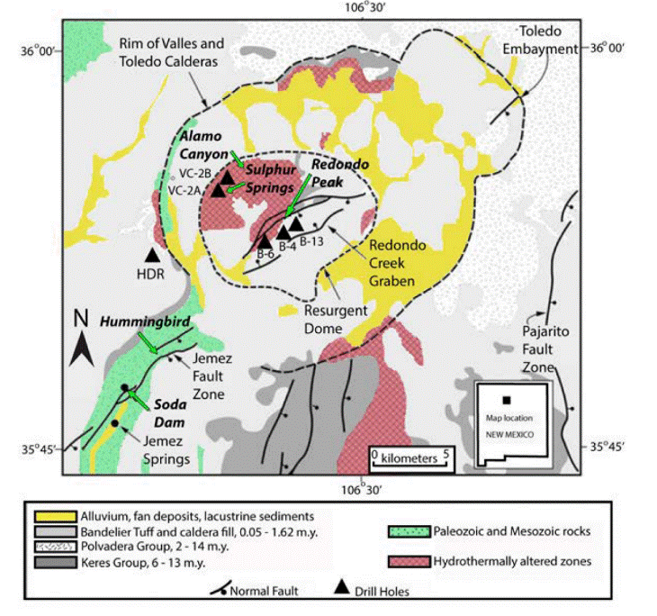 Figure 1: Location of study sites and geologic map within Valles caldera (figure modified from Goff and Janik, 2002). Sites with preliminary measurements indicated by green outlined arrows.