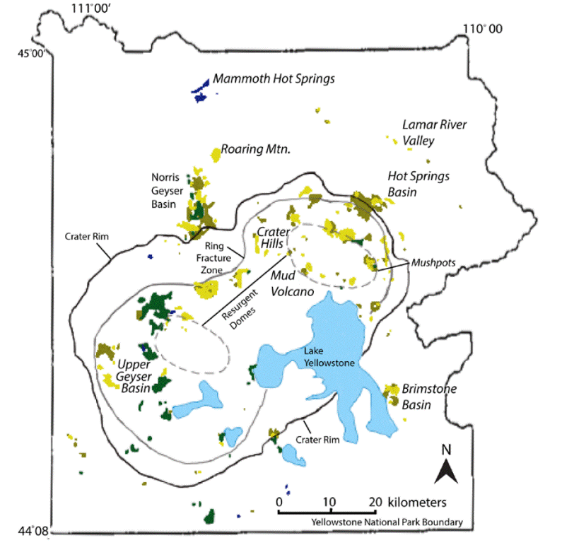 Figure 2: Location of soil chemistries and high activity areas within Yellowstone caldera (Figure modified from Werner and Brantley, 2003). Light and dark yellow indicates acid-sulfate soil, green indicates neutral-chloride soil, and dark blue indicates travertine soil. Thermal areas previously studied by others are italicized.