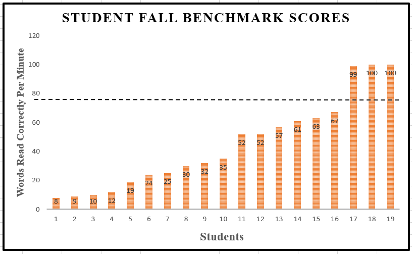 Bar graph with CBM fluency scores ranging from 8 to 100 with an aim line drawn across the graph at 80. 