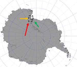 Map of the Antarctic continent. The box shows the area of the McMurdo Dry Valleys (MDV) and the arrows show the primary directions that ice flowed into the valleys.