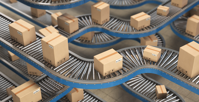Cardboard boxes on conveyor roller in distribution warehouse, Delivery and packaging service concept background. 3d illustration (Cardboard boxes on conveyor roller in distribution warehouse, Delivery and packaging service concept background. 3d illus