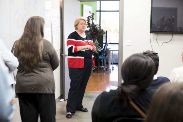 Incoming CEO of End Slavery Tennessee Margie Quin speaking with Chancellor's Charter participants. (Susan Urmy/Vanderbilt)