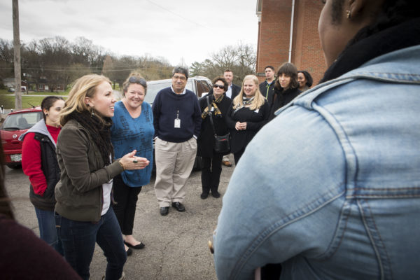 Chancellor's Charter participants visited the Village at Glencliff to learn more about Open Table Nashville and hear from co-founders the the Rev. Ingrid McIntyre and the Rev. Lindsey Krinks. (Susan Urmy/Vanderbilt)