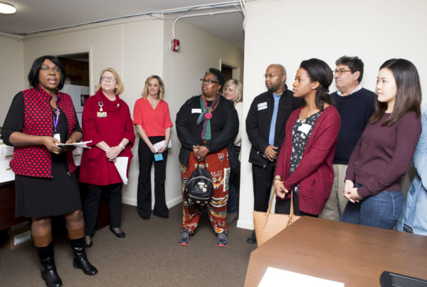 Renewal House CEO Pamela Sessions speaking with Chancellor's Charter participants. (Susan Urmy/Vanderbilt)