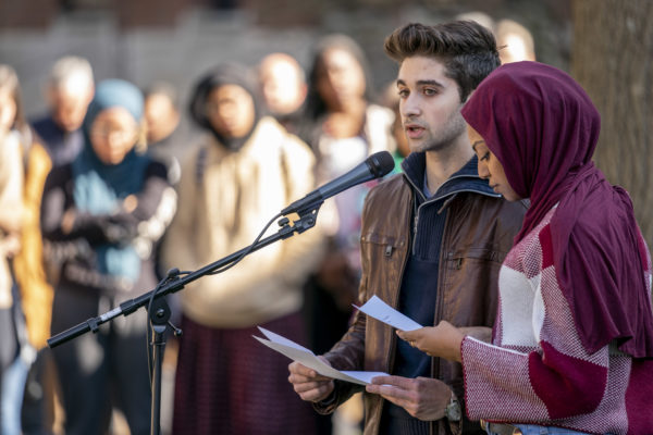 Tariq Issa, president of Vanderbilt Student Government, and Fayo Abadula, president of the Muslim Students Association, read the names of those killed on Friday in New Zealand.