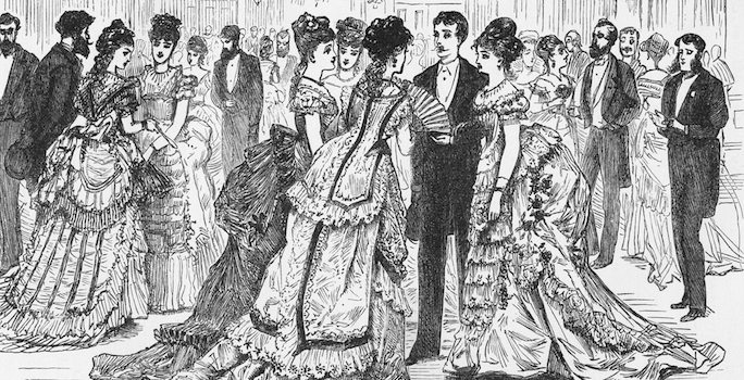 Antique Engraving of Full-Dress Party Victorian Engraving, 1879