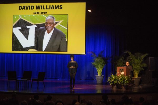 Moment of silence was held prior to Angie Thomas' keynote in honor of former Vice Chancellor for University Affairs and Athletics and Athletic Director David Williams II, who died on Feb. 8 (Joe Howell/Vanderbilt)