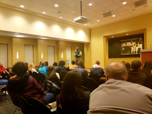 Rosevelt Noble, Assistant Dean of Students and Director of the Bishop Joseph Johnson Black Cultural Center leads a discussion after film screening. (Jalen Blue/Vanderbilt)