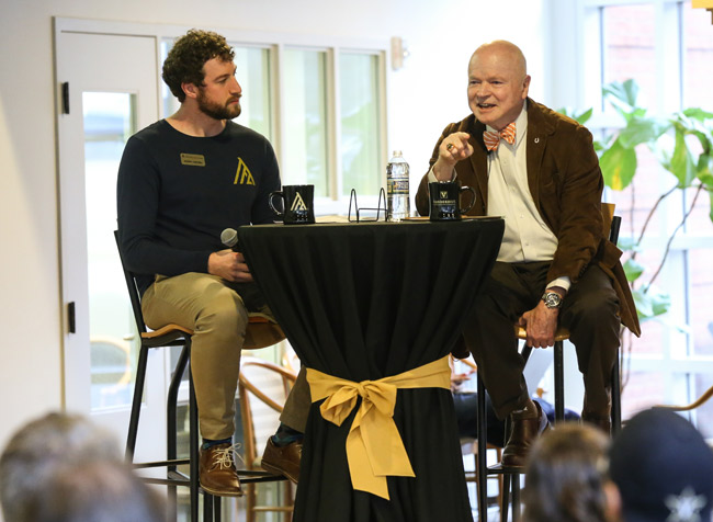 Cal Turner Jr. (right) speaks to students, faculty and staff at the Owen Graduate School of Management during a Turner Family Center Values Summit held on Feb. 9, 2019. (Vanderbilt University)