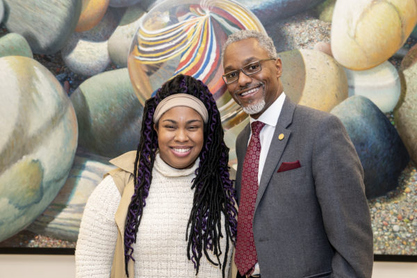 Author Angie Thomas and Vice Chancellor for Equity, Diversity and Inclusion and Chief Diversity Officer James E. Page Jr. at the event. Equity, Diversity and Inclusion hosted the lecture with Thomas. (Joe Howell/Vanderbilt)