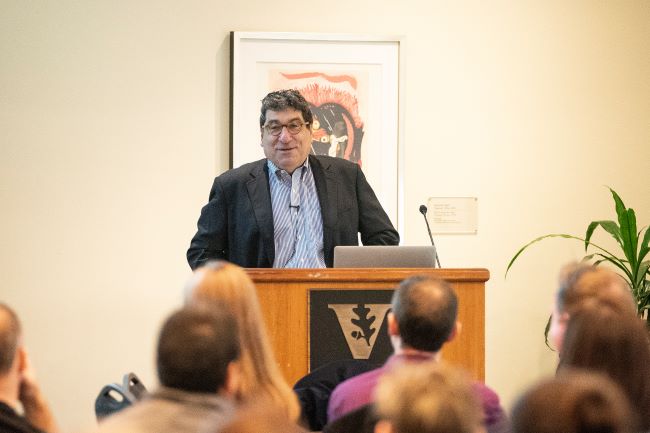 Chancellor Nicholas S. Zeppos stands at podium while addressing University Staff Advisory Council
