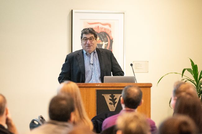 Chancellor Nicholas S. Zeppos stands at podium while addressing University Staff Advisory Council 