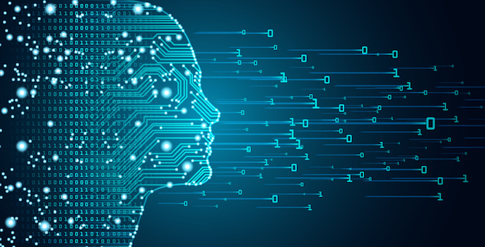 Artificial intelligence concept showing 0's and 1's flowing into head networked like a circuit board