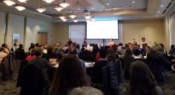 Vice Chancellor James Page Jr. and Vice Provost Melissa Thomas-Hunt moderate a Dec. 6 town hall on diversity, equity and inclusion in the Student Life Center. (Vanderbilt)