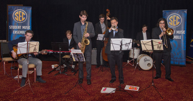 Blair School junior Hiram Rodriguez served as trombonist for the third SEC Student Music Ensemble. (photo courtesy of SEC)