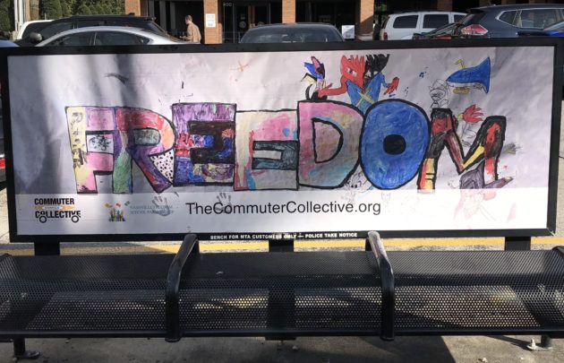 Bus bench with children's art from the Commuter Collective
