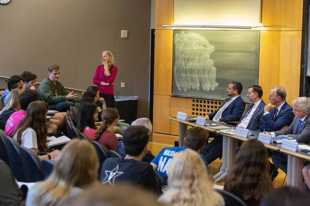 Seven German Bundestag delegates take questions from Vanderbilt undergraduate students on important issues being discussed in Germany and around the world. (Vanderbilt University) 