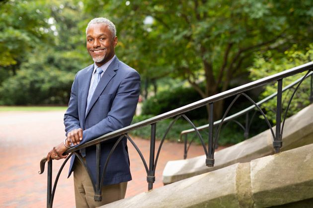 Vice Chancellor for Equity, Diversity and Inclusion and Chief Diversity Officer James Page standing in front of Kirkland Hall (Joe Howell/Vanderbilt)