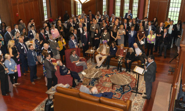 Chancellor Nicholas S. Zeppos expresses gratitude to Robin Ingram Patton for her significant support of the E. Bronson Ingram College during a celebration in the living-learning community's Great Room (Joe Howell/Vanderbilt University)