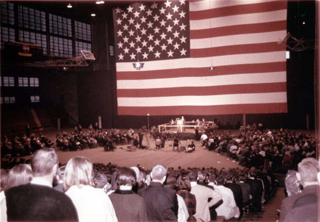 An enormous U.S. flag was the backdrop for the early Impact symposiums (Vanderbilt University)