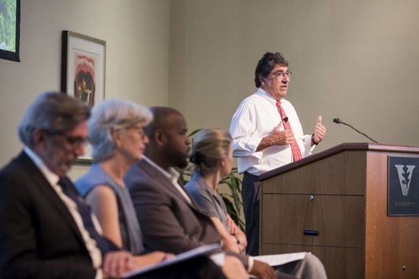 Chancellor Nicholas S. Zeppos delivered introductory remarks at his town hall on the arts with faculty presentations by (l to r) Dean Mark Wait, Leah Lowe, Jonathan Waters and Celia Applegate (Susan Urmy/Vanderbilt University)