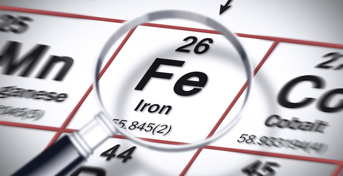 magnifying glass hovering over iron on periodic table